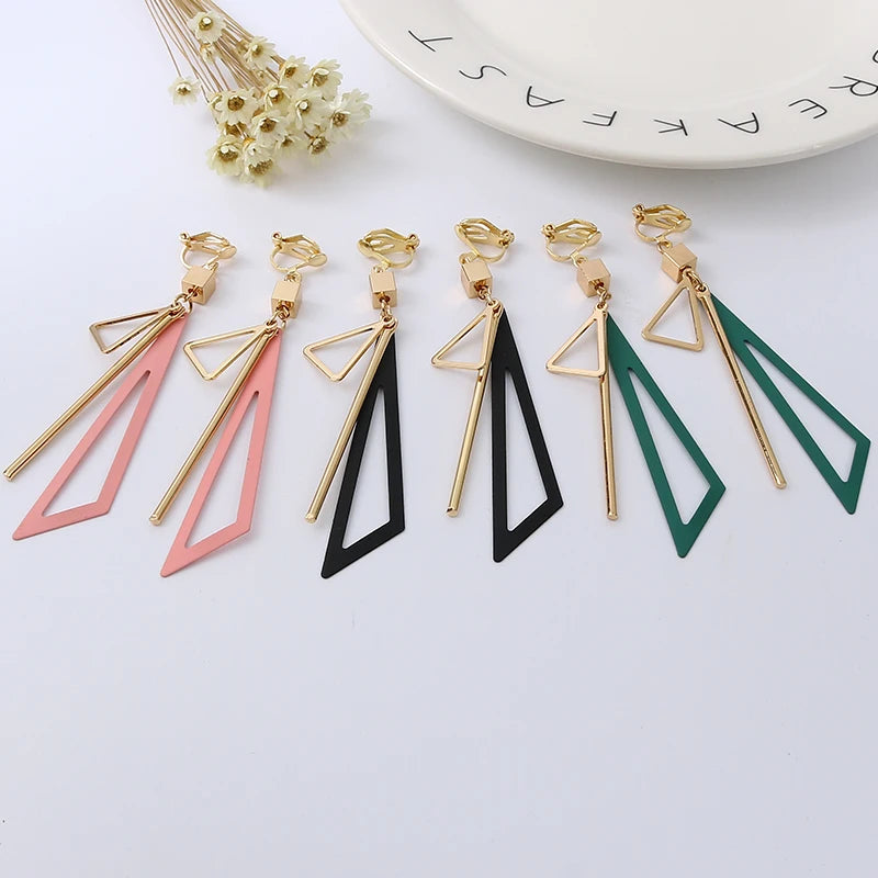 Korean Personality Fashion Triangle Geometric Clip on Earrings without Piercing Retro Female Tassel Long Women Ear Clips Jewelry
