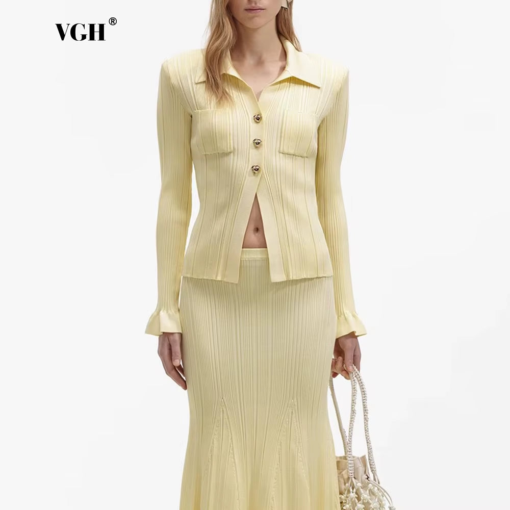 Solid Sexy Two Piece Sets for Women Lapel Long Sleeve Spliced Button Shirt High Wasi Slim Bodycon Skirt Knitted Suits Female