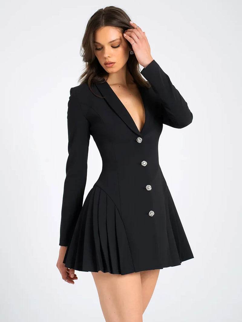 Deep V-Neck Single Breasted Pleated Women Blazer Mini Dress Long Sleeve A-Line Dress Autumn New Elegant Official Clothes