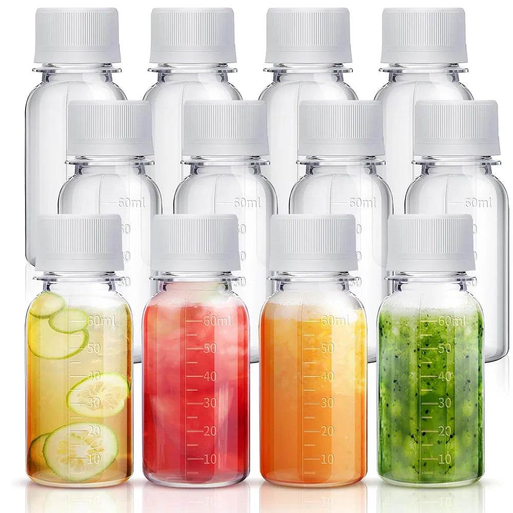 2 Oz Small Ginger Shot Bottles Plastic Bottles with Caps Plastic Containers with Lids Reusable Clear Shot Jars with Scale