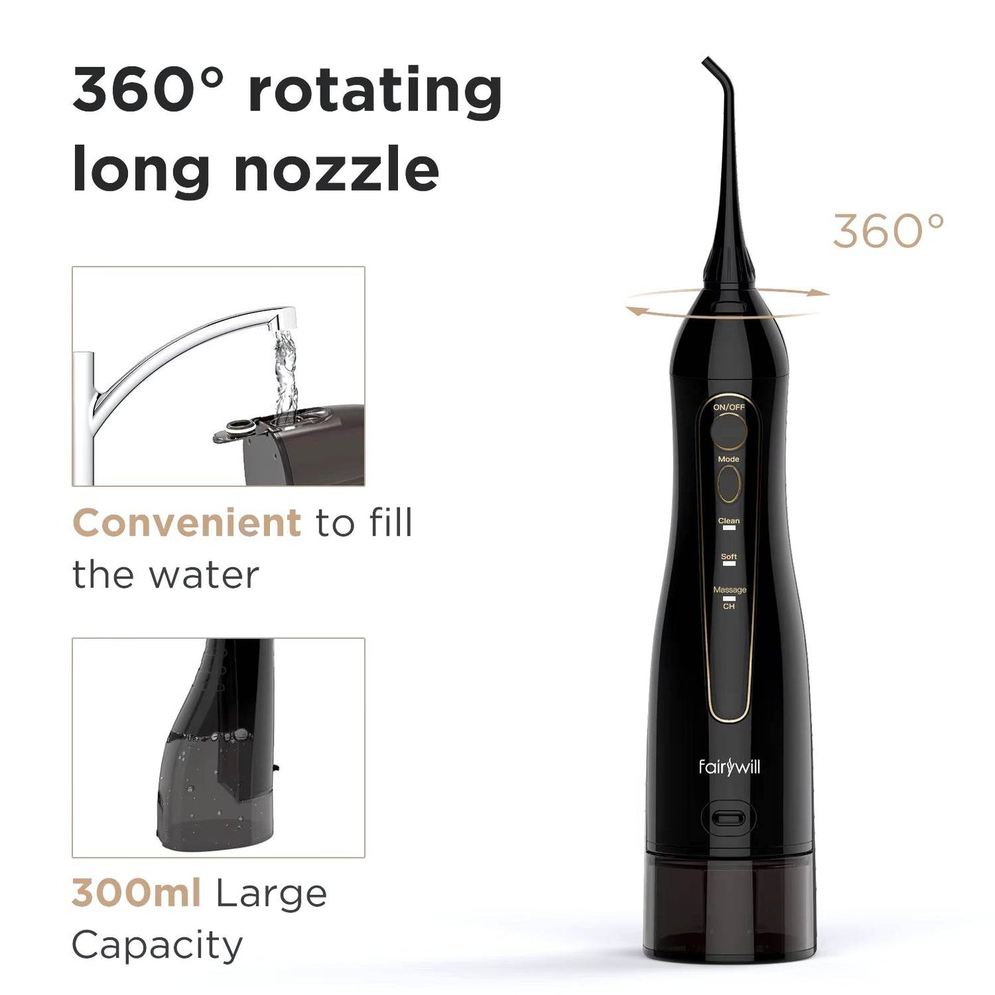 Aquafloss Pro 300ML Water Flosser - Rechargeable Oral Irrigator with 3 Cleaning Modes