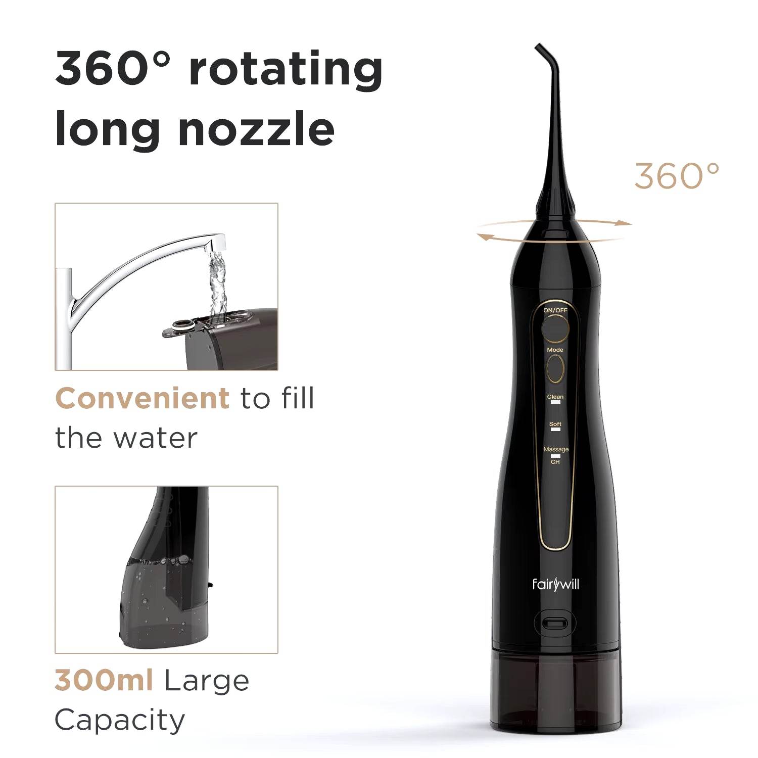 Aquafloss Pro 300ML Water Flosser - Rechargeable Oral Irrigator with 3 Cleaning Modes