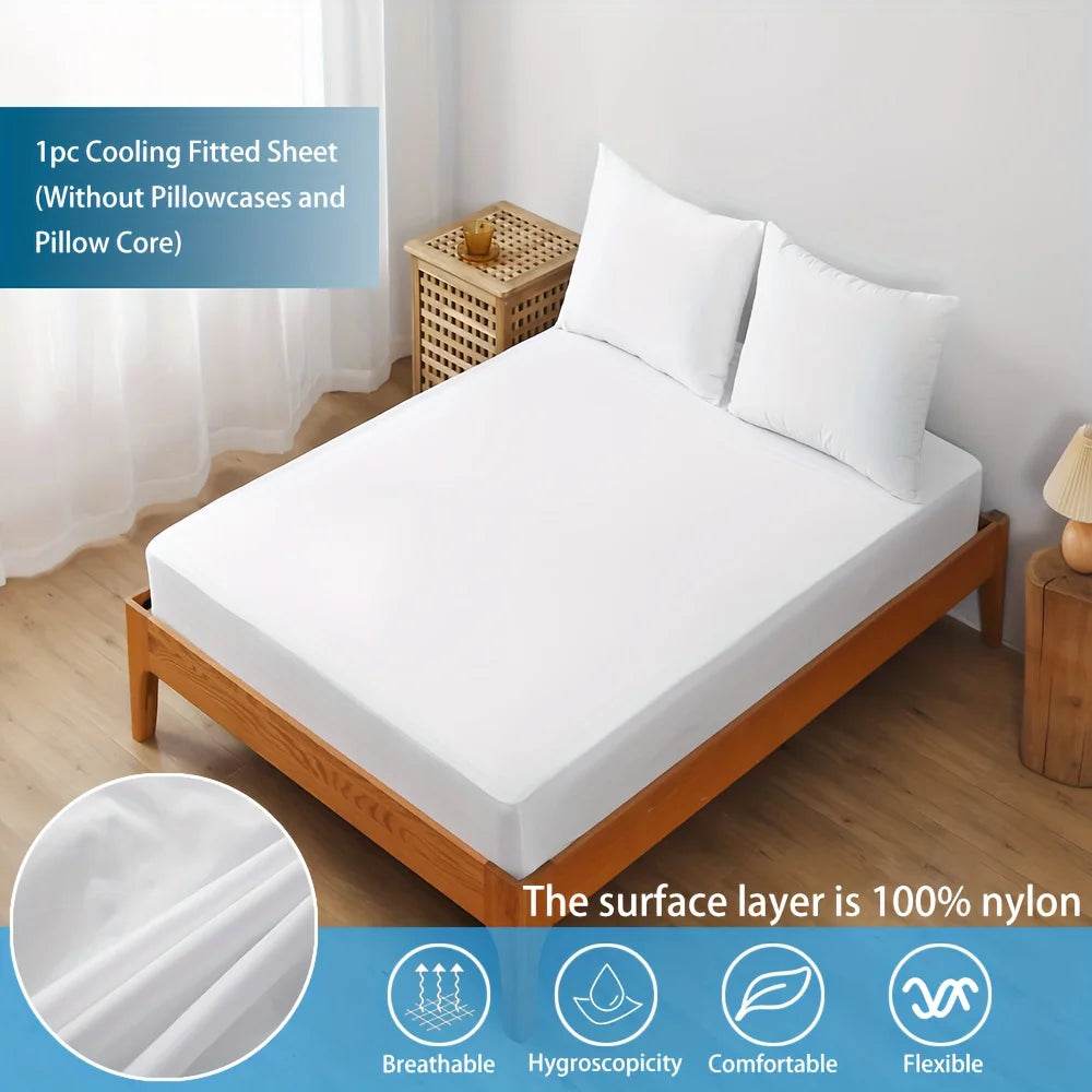 1Pc Cooling Fitted Sheet Made of 100% Cooling Nylon, Waterproof Bed Sheet Breathable Mattress Cover for Hot Sleepers in Summer