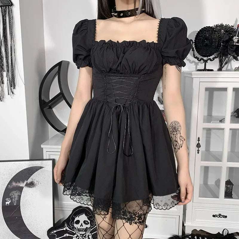 Mall Goth Bandage Harajuku White Lolita Kwaii Dresses Black Women Sexy Mini Dress Gothic Lace Puff Sleeves Bodycon Partywear