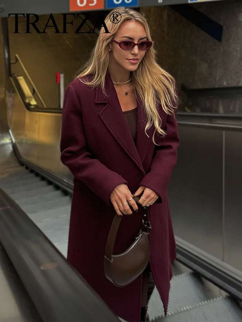 Women Fashion Burgundy Woolen Coat Double Breasted Long Sleeve Lapel Blends Jacket Autumn Winter High Street Outerwear