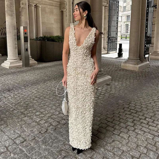 Sexy 3D Flower Deep V-Neck Dress Women Slim Sleeveless Backless Split Hip Package Midi Dresses 2025 Summer Ladies New Vestidos