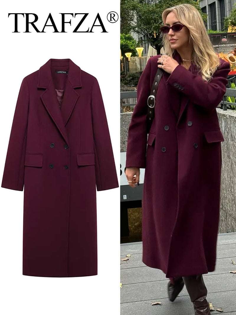Women Fashion Burgundy Woolen Coat Double Breasted Long Sleeve Lapel Blends Jacket Autumn Winter High Street Outerwear