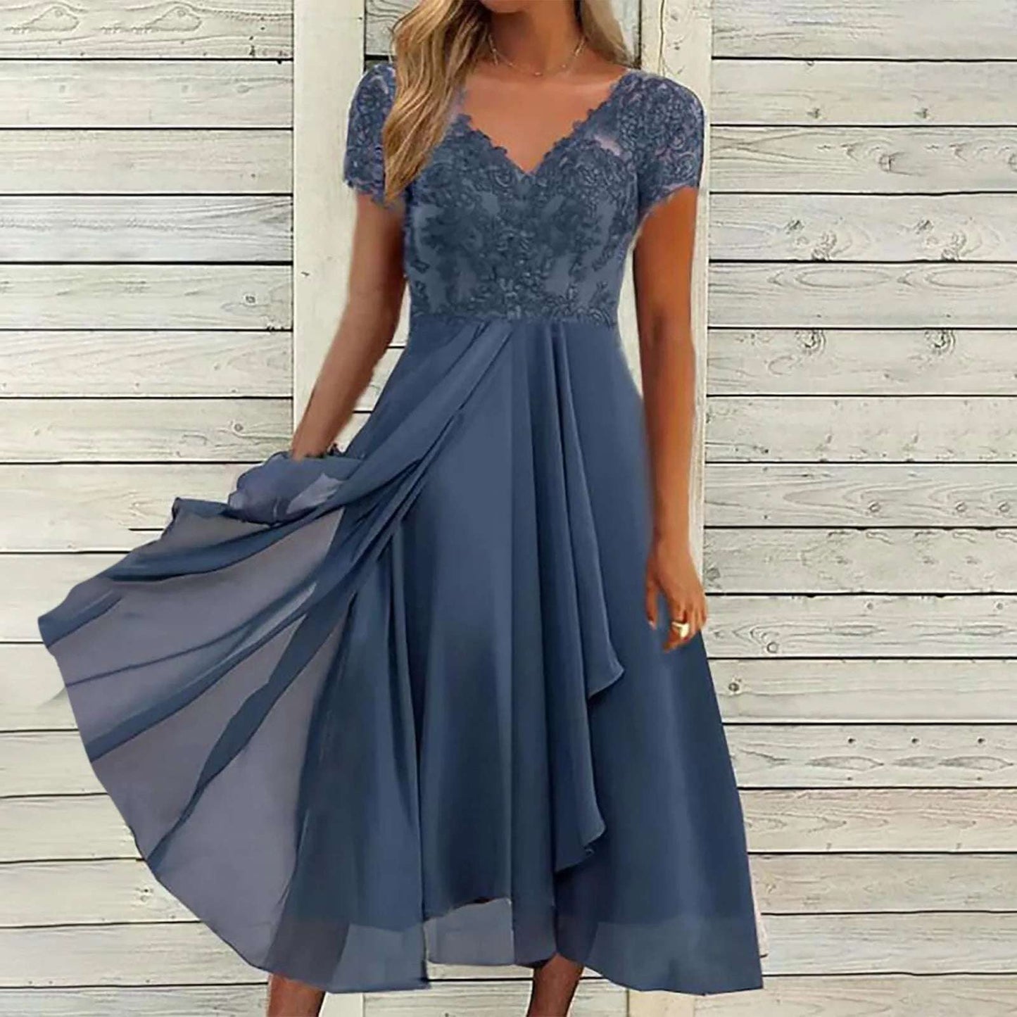 Vestidos Largos Dresses for Women Elegant Lace Chiffon Flowy Dress Evening Party Gown V Neck Short Sleeve Lace Chiffon Dress