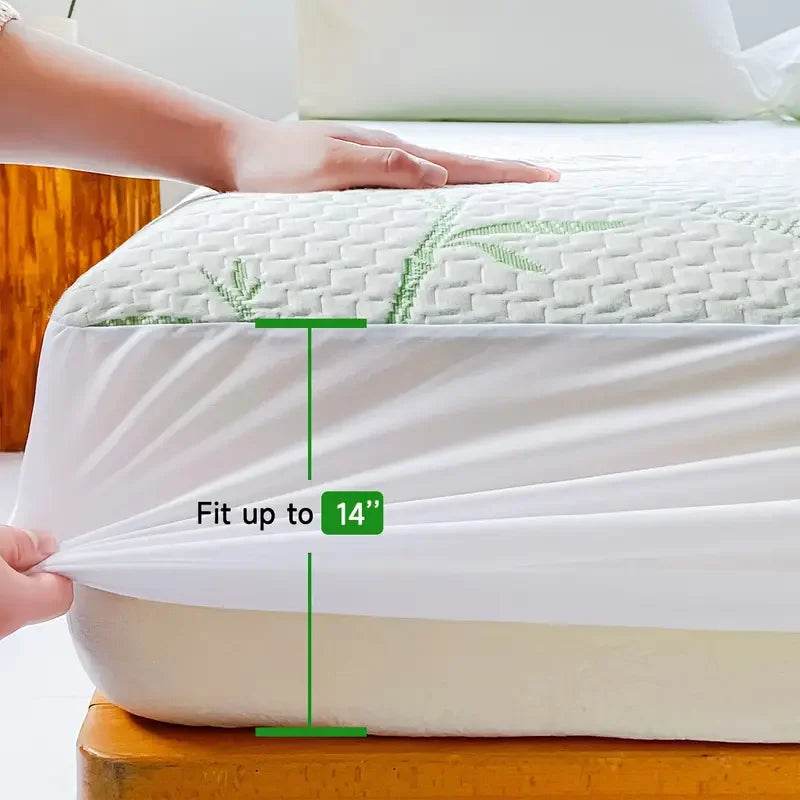1Pc Waterproof Bamboo Mattress Cover (Without Pillowcase), Cooling & Breathable Fitted Bed Sheet with 6-14Inches Deep Pocket