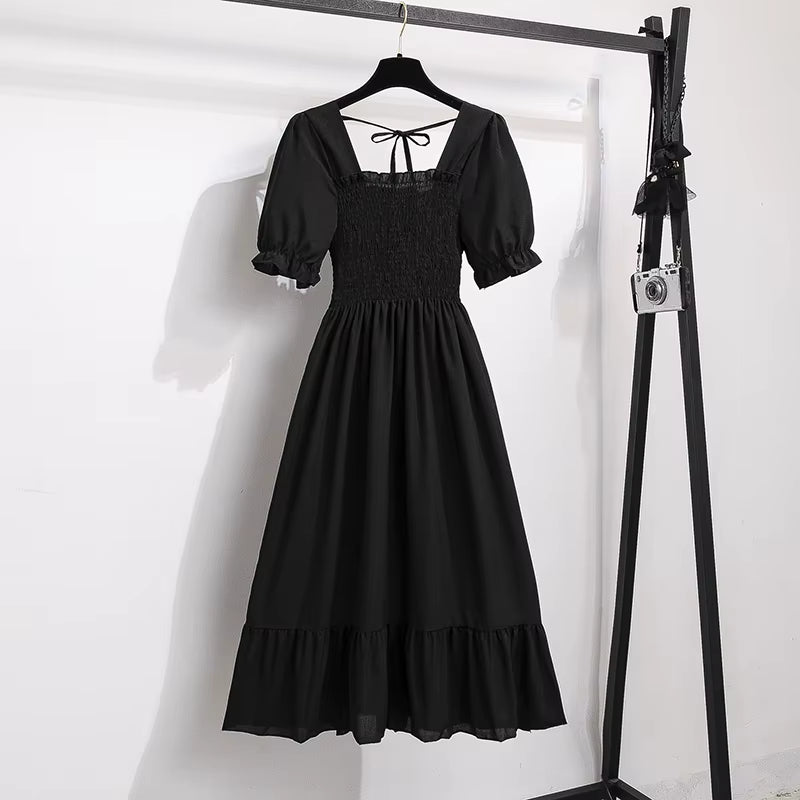 Spring Summer Chiffon Dresses Fashion Female Elastic Waist Short Sleeve Pleated Casual Dress Women A-Line Dresses Vestidos