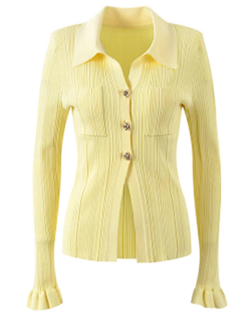 Solid Sexy Two Piece Sets for Women Lapel Long Sleeve Spliced Button Shirt High Wasi Slim Bodycon Skirt Knitted Suits Female