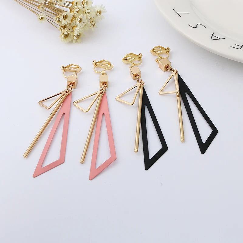 Korean Personality Fashion Triangle Geometric Clip on Earrings without Piercing Retro Female Tassel Long Women Ear Clips Jewelry