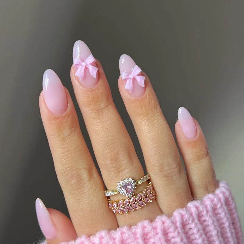 24Pcs Sweet Cat Eye French Press on Nails Diamond-Pointed Three Dimensional Bow Knot Wearable Nail for Women&Girl Almond Nail