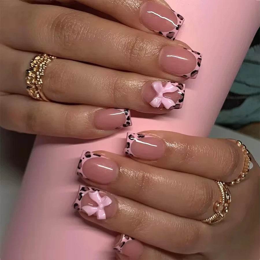 24Pcs Sweet Cat Eye French Press on Nails Diamond-Pointed Three Dimensional Bow Knot Wearable Nail for Women&Girl Almond Nail
