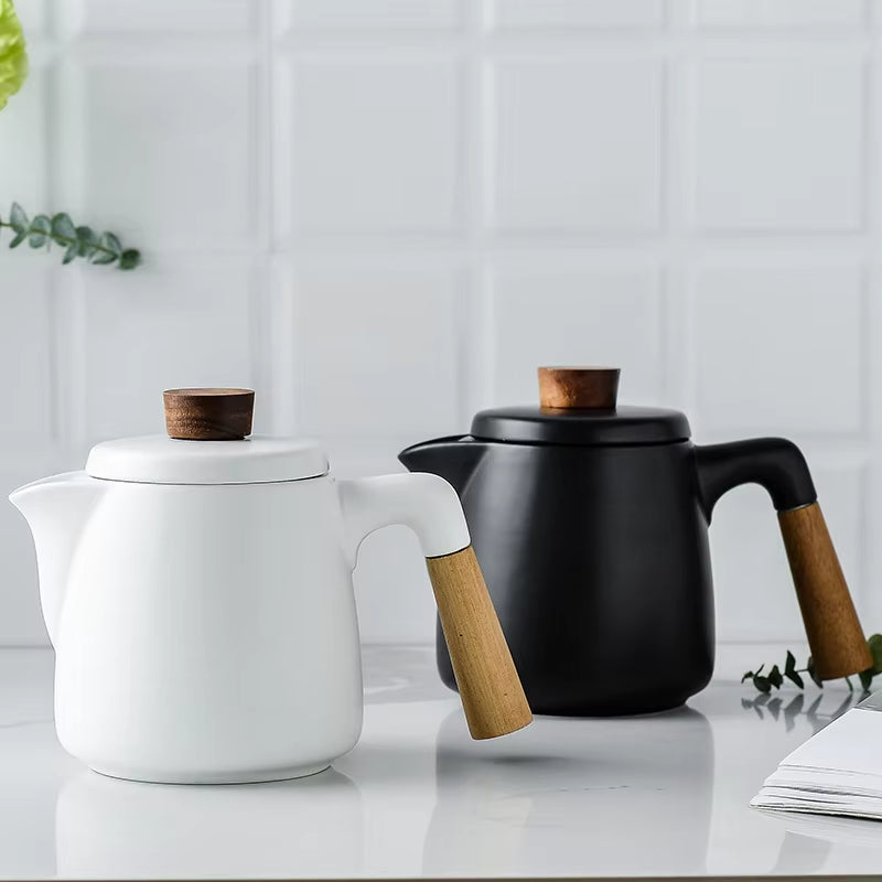 Japanese Style Tea Set Wooden Handle Ceramic Tea Pot Thickened High Borosilicate Glass Transparent Heat Resistant Tea Pot