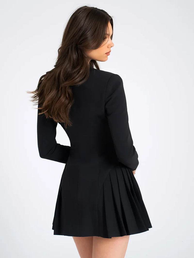 Deep V-Neck Single Breasted Pleated Women Blazer Mini Dress Long Sleeve A-Line Dress Autumn New Elegant Official Clothes