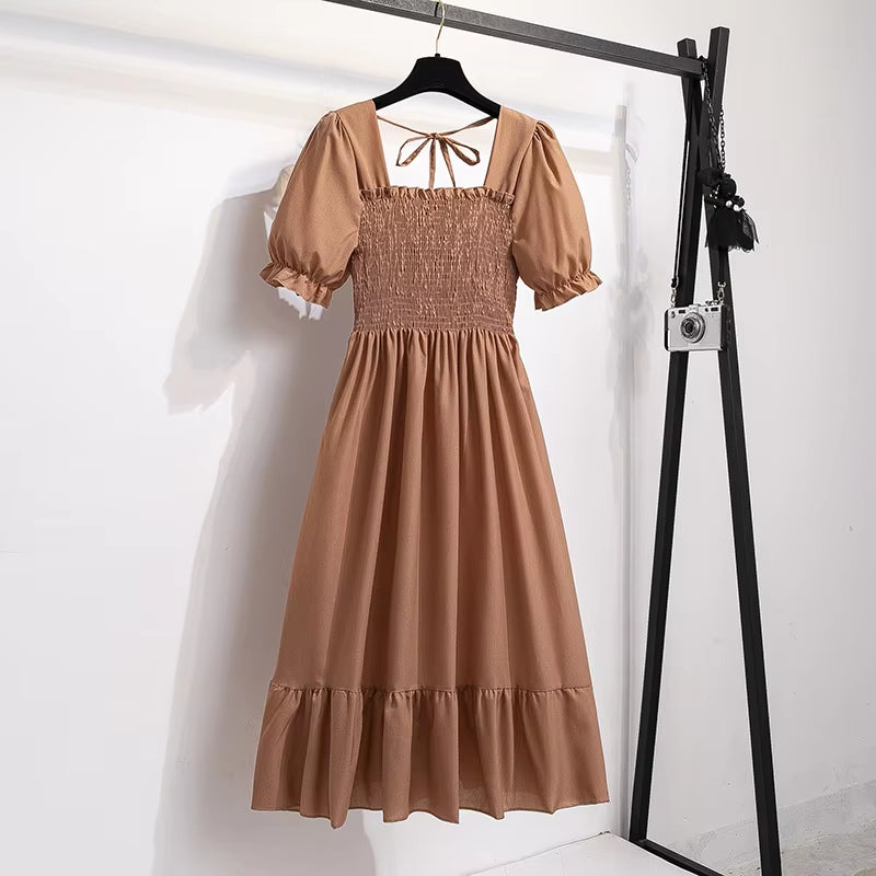 Spring Summer Chiffon Dresses Fashion Female Elastic Waist Short Sleeve Pleated Casual Dress Women A-Line Dresses Vestidos
