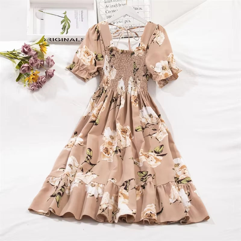 Spring Summer Chiffon Dresses Fashion Female Elastic Waist Short Sleeve Pleated Casual Dress Women A-Line Dresses Vestidos