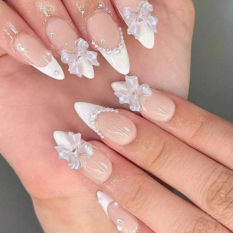 24Pcs Sweet Cat Eye French Press on Nails Diamond-Pointed Three Dimensional Bow Knot Wearable Nail for Women&Girl Almond Nail