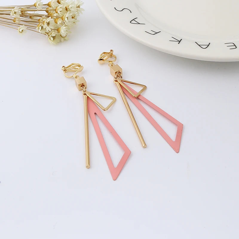Korean Personality Fashion Triangle Geometric Clip on Earrings without Piercing Retro Female Tassel Long Women Ear Clips Jewelry