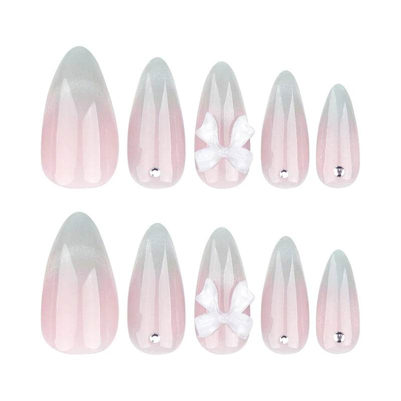 24Pcs Sweet Cat Eye French Press on Nails Diamond-Pointed Three Dimensional Bow Knot Wearable Nail for Women&Girl Almond Nail