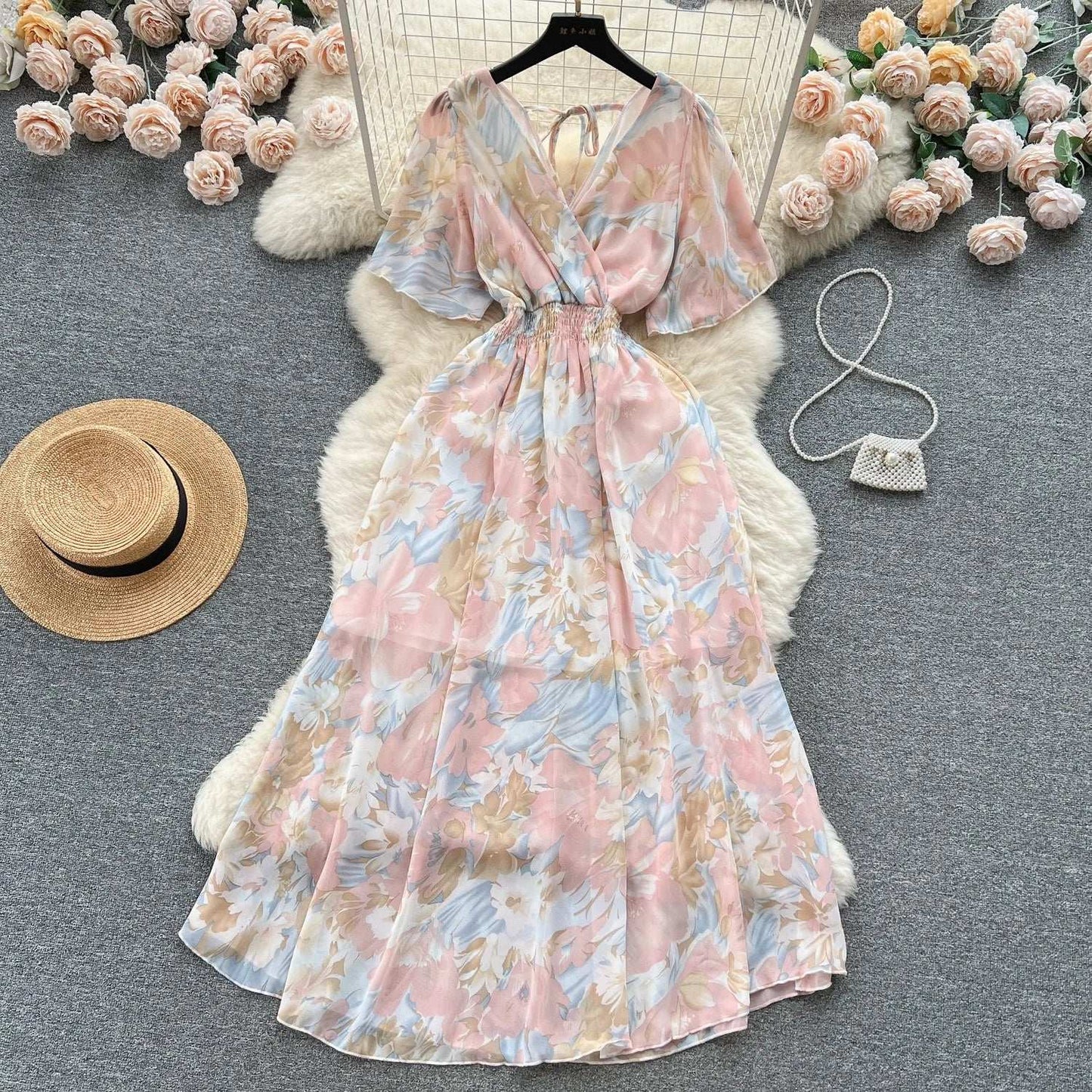 Women Chiffon Floral Long Dress Korean V-Neck Short Sleeve A-Line Party Dresses Summer Bohemian Print Beach Vestidos