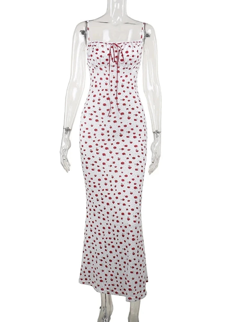 Sexy Backless Print Floral Women Maxi Dress White Spaghetti Strap Evening Dress Female Summer Elegant Party Clubwear