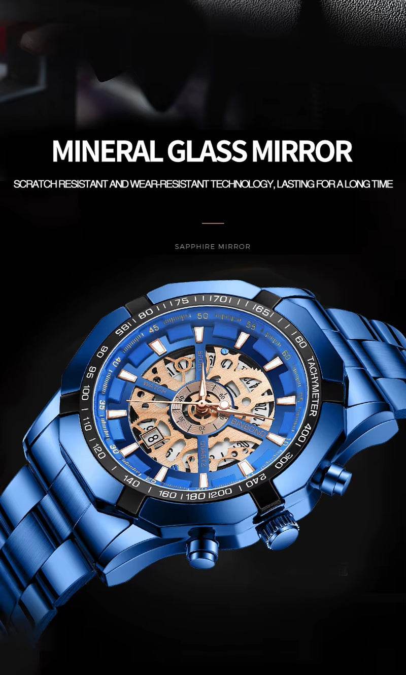 2024  Mens Watches Top Brand Luxury Stainless Steel Waterproof Hollow Out Blue Big Male Wristwatches Relogio Masculino