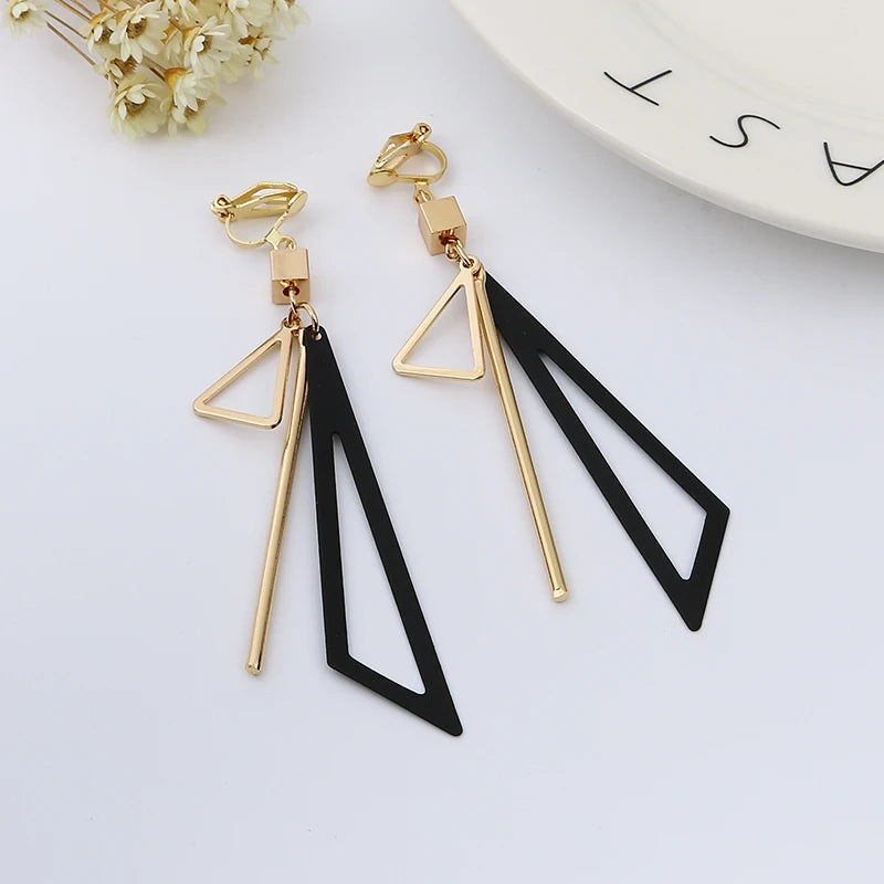 Korean Personality Fashion Triangle Geometric Clip on Earrings without Piercing Retro Female Tassel Long Women Ear Clips Jewelry
