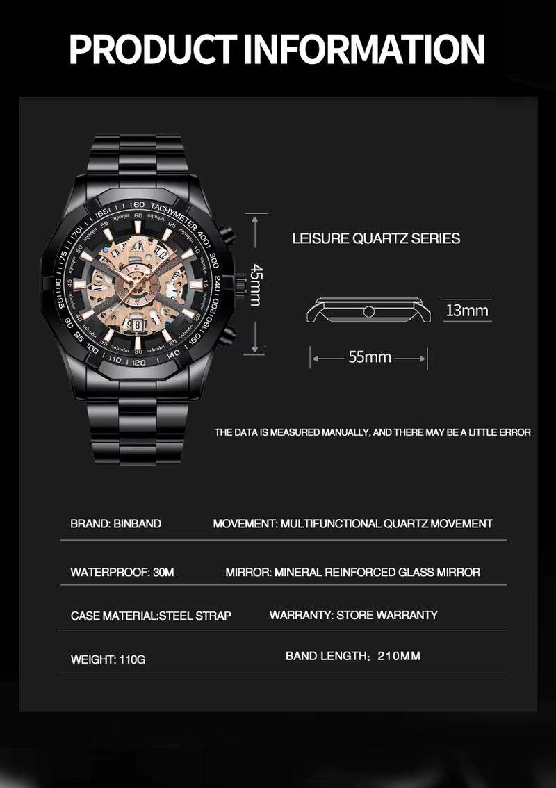 2024  Mens Watches Top Brand Luxury Stainless Steel Waterproof Hollow Out Blue Big Male Wristwatches Relogio Masculino