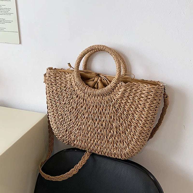 Straw Woven Handbags for Women Handmade Travel Seaside Beach Bag Summer New Handle Bucket Bag Shopping Tote Bag Basket Bolsa