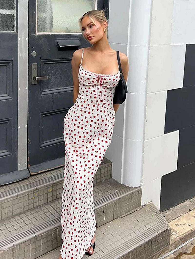 Sexy Backless Print Floral Women Maxi Dress White Spaghetti Strap Evening Dress Female Summer Elegant Party Clubwear