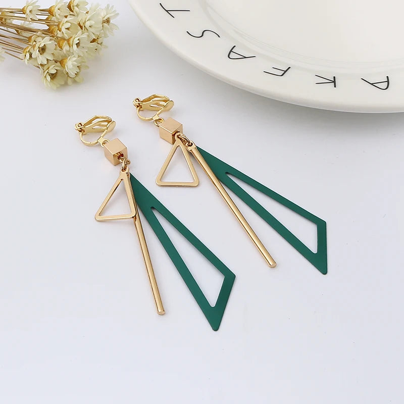 Korean Personality Fashion Triangle Geometric Clip on Earrings without Piercing Retro Female Tassel Long Women Ear Clips Jewelry