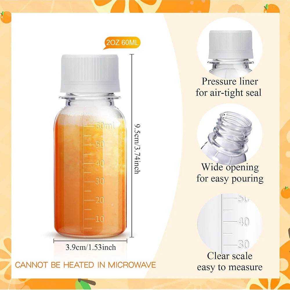 2 Oz Small Ginger Shot Bottles Plastic Bottles with Caps Plastic Containers with Lids Reusable Clear Shot Jars with Scale