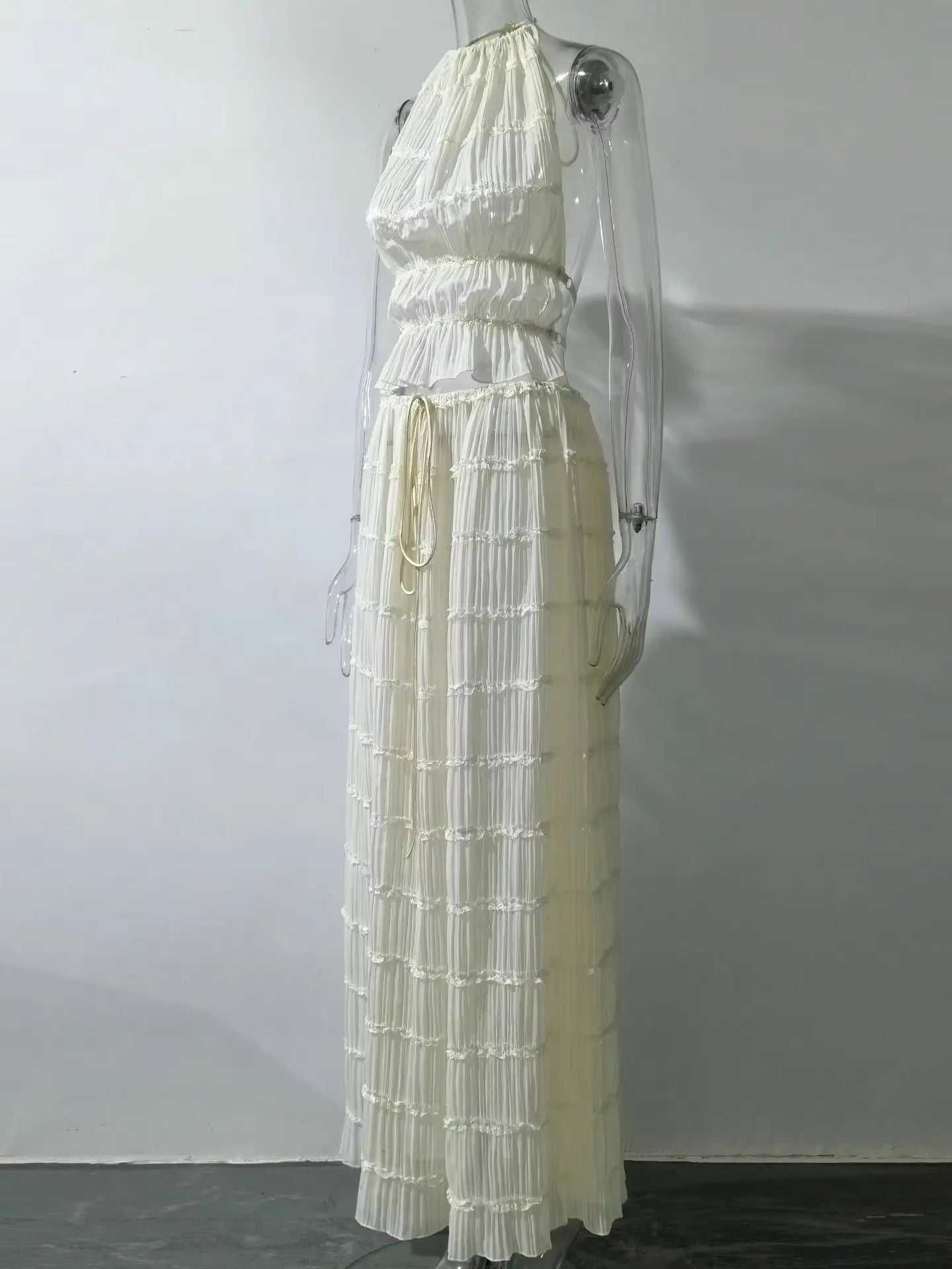 Fashion Halter Neck Long Skirt Suit Women Backless Sling Top Lace up Fold Maxi Skirts New Summer Female 2 Piece Set Outfits