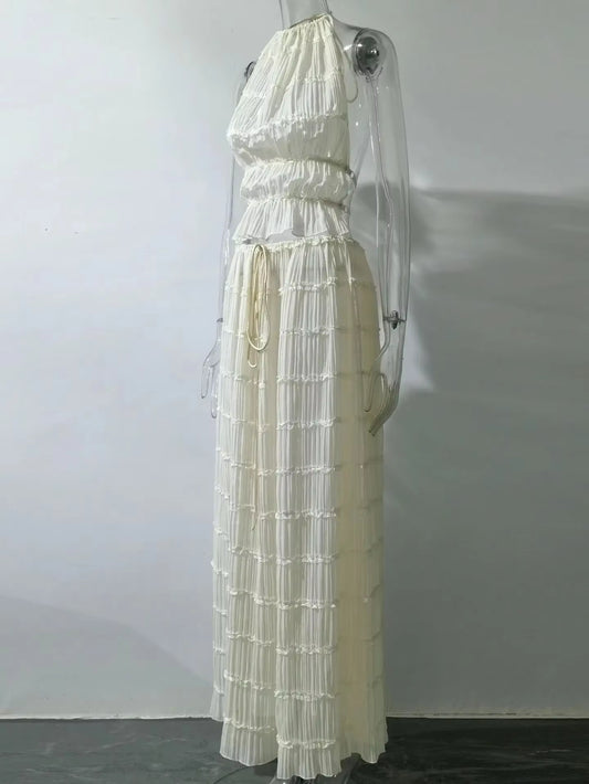 Fashion Halter Neck Long Skirt Suit Women Backless Sling Top Lace up Fold Maxi Skirts New Summer Female 2 Piece Set Outfits