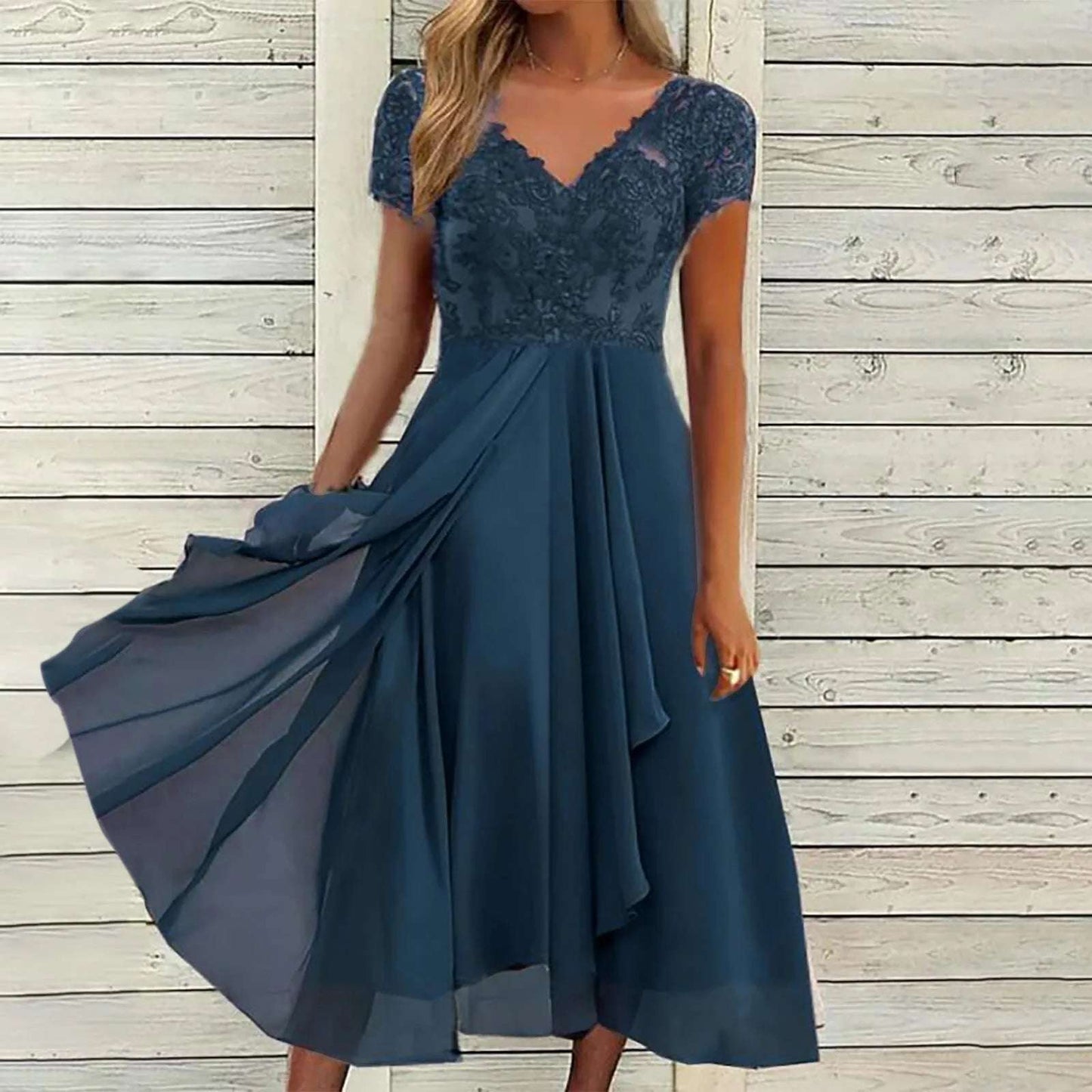 Vestidos Largos Dresses for Women Elegant Lace Chiffon Flowy Dress Evening Party Gown V Neck Short Sleeve Lace Chiffon Dress