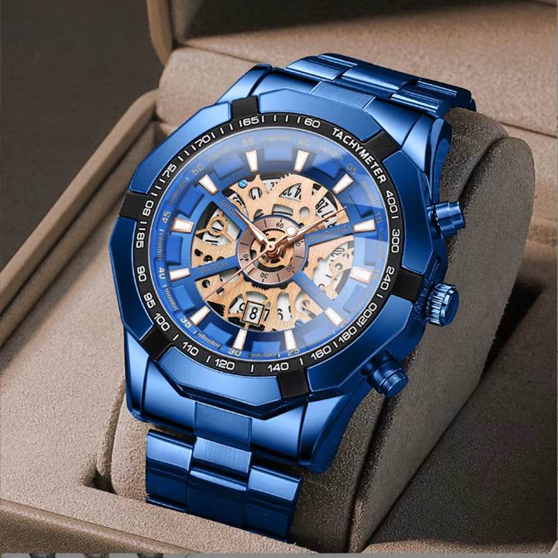 2024  Mens Watches Top Brand Luxury Stainless Steel Waterproof Hollow Out Blue Big Male Wristwatches Relogio Masculino