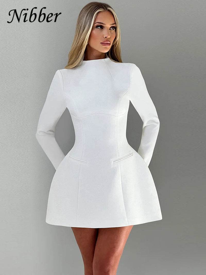 Elegant Backless Dress Women Button Half High Collar Zipper Solid Long Sleeve Autumn Casual Street Trend Mini Bodycon