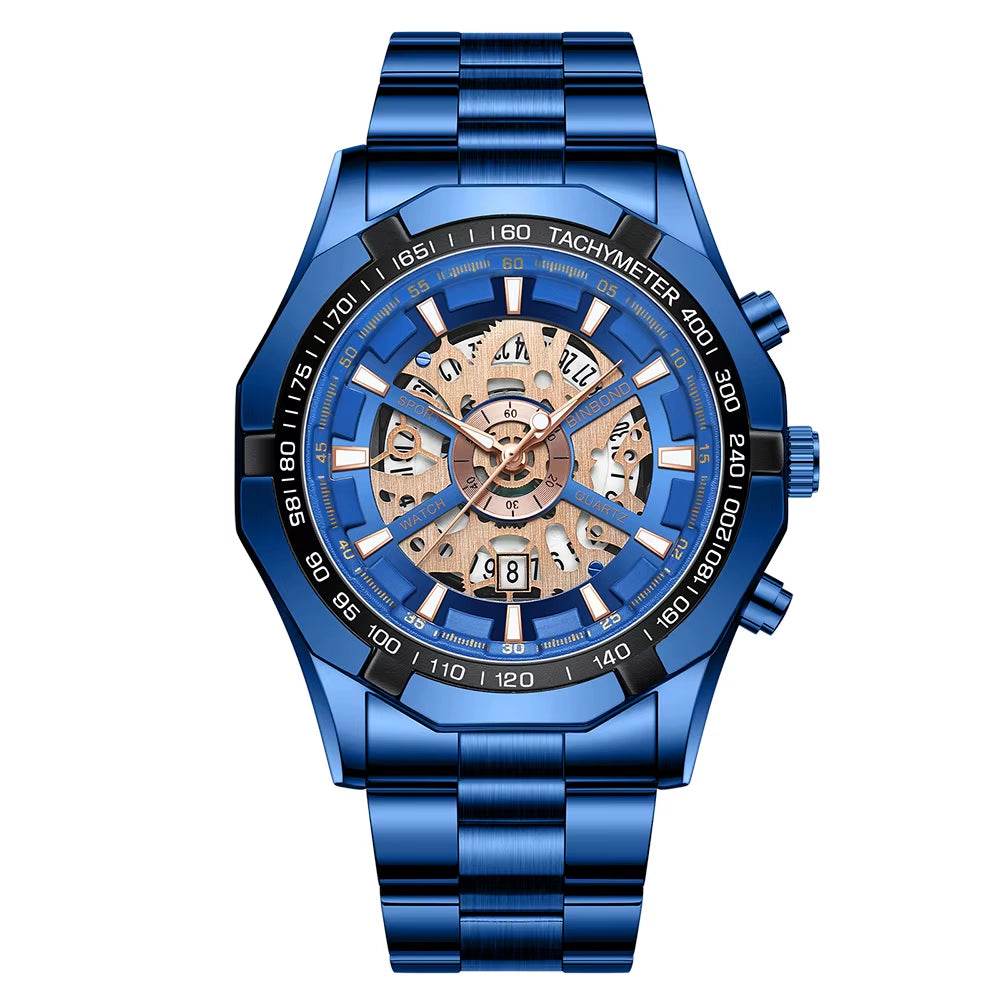 2024  Mens Watches Top Brand Luxury Stainless Steel Waterproof Hollow Out Blue Big Male Wristwatches Relogio Masculino