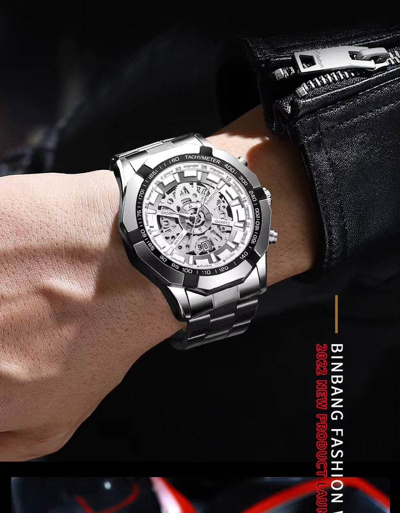 2024  Mens Watches Top Brand Luxury Stainless Steel Waterproof Hollow Out Blue Big Male Wristwatches Relogio Masculino