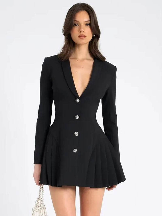 Deep V-Neck Single Breasted Pleated Women Blazer Mini Dress Long Sleeve A-Line Dress Autumn New Elegant Official Clothes