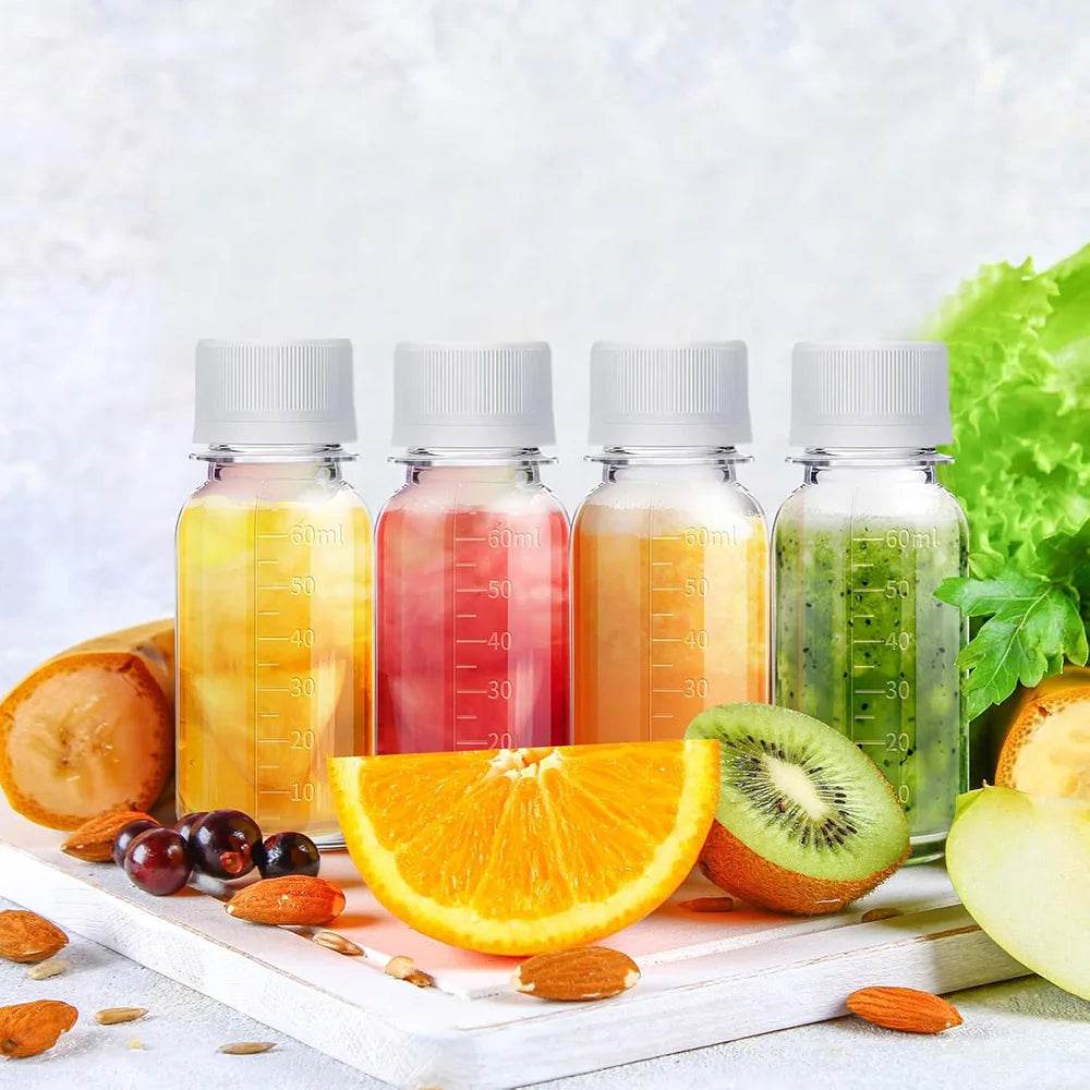 2 Oz Small Ginger Shot Bottles Plastic Bottles with Caps Plastic Containers with Lids Reusable Clear Shot Jars with Scale