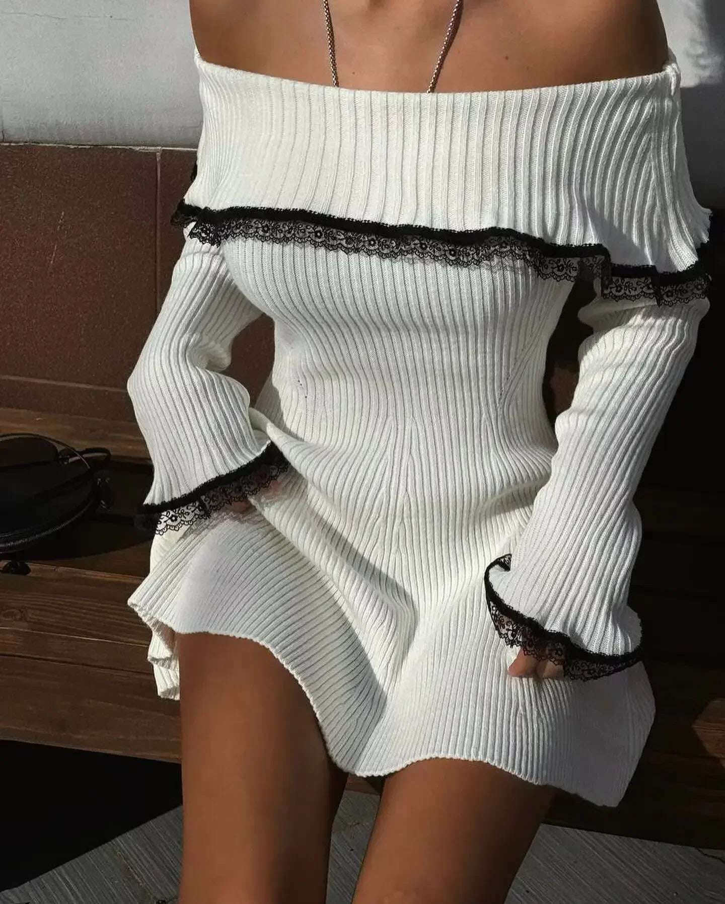 Mingmingxi Autumn off the Shoulder Sweater Dress 2024 Elegant Long Sleeve Knitted Dress Sexy Causal Warm White Dress Women