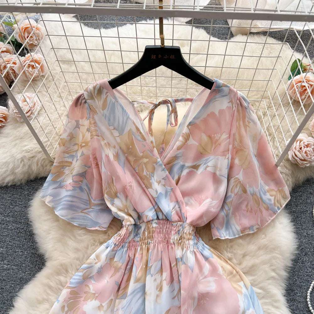 Women Chiffon Floral Long Dress Korean V-Neck Short Sleeve A-Line Party Dresses Summer Bohemian Print Beach Vestidos