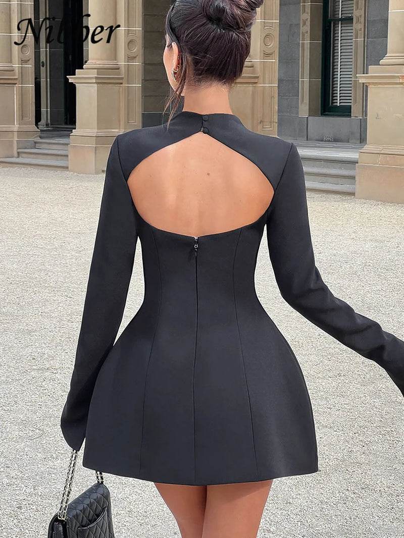Elegant Backless Dress Women Button Half High Collar Zipper Solid Long Sleeve Autumn Casual Street Trend Mini Bodycon
