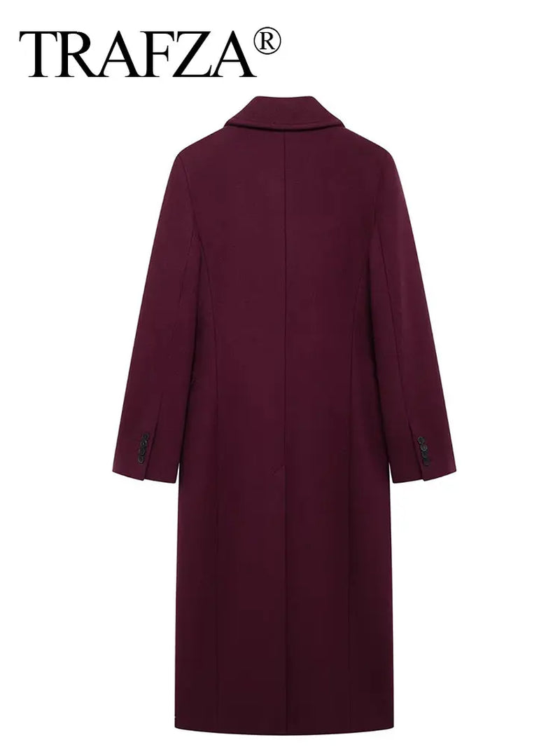 Women Fashion Burgundy Woolen Coat Double Breasted Long Sleeve Lapel Blends Jacket Autumn Winter High Street Outerwear