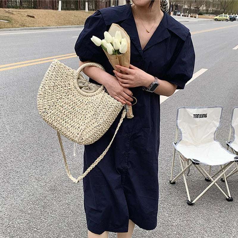 Straw Woven Handbags for Women Handmade Travel Seaside Beach Bag Summer New Handle Bucket Bag Shopping Tote Bag Basket Bolsa