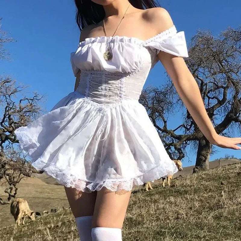 Mall Goth Bandage Harajuku White Lolita Kwaii Dresses Black Women Sexy Mini Dress Gothic Lace Puff Sleeves Bodycon Partywear