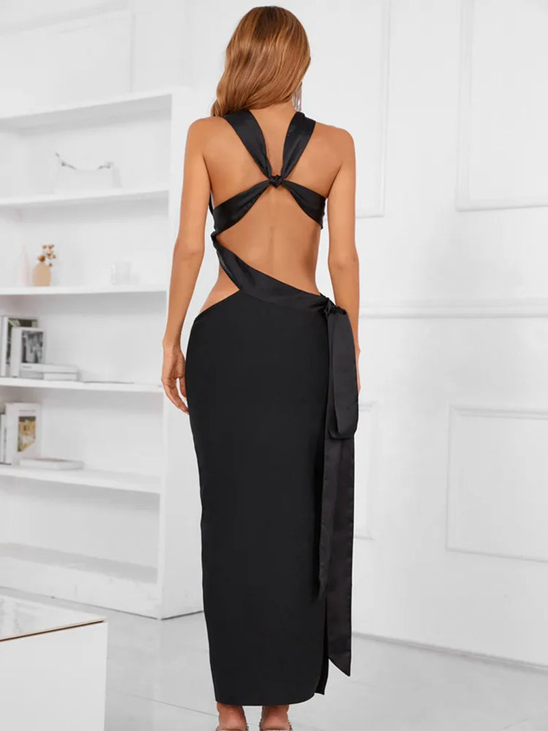 Women Summer Sexy Sleeveless Backless Halter V Neck Black Midi Bodycon Bandage Dress 2024 Elegant Evening Party Dress